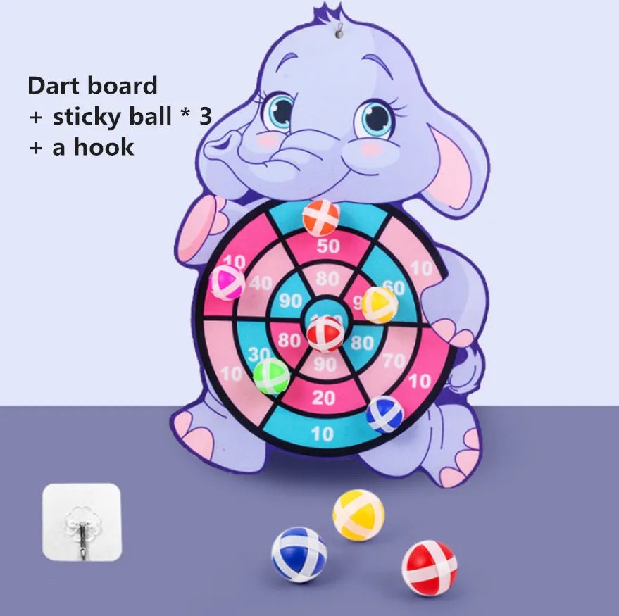 Dart board with elephant design, three sticky balls, and a hook.