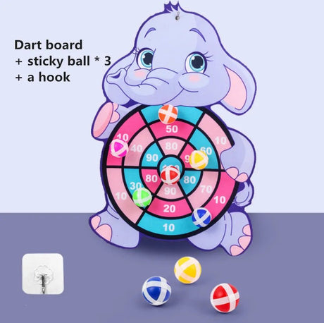 Dart board with elephant design, three sticky balls, and a hook.