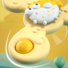 Cartoon fried-egg-shaped bath suction spinner rattle for playful bath time and early sensory discovery.