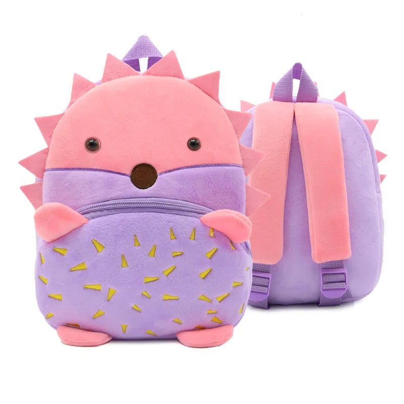 Cartoon Hedgehog Kids Backpack schoolbag in purple and pink for everyday school use.