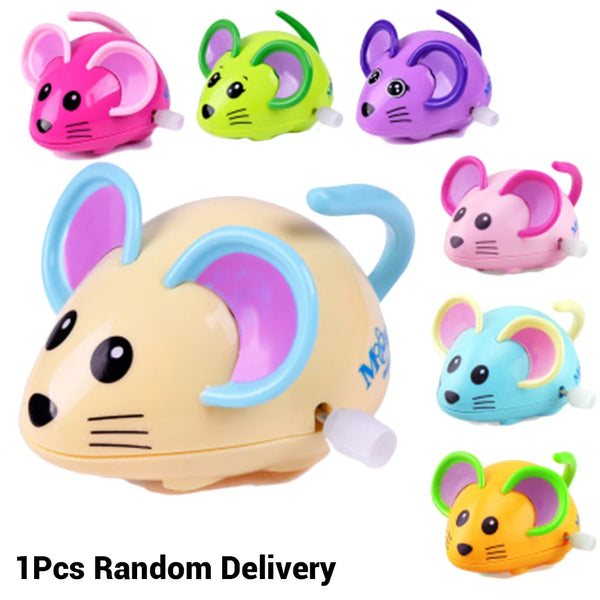 Large cream mouse wind-up toy surrounded by pink, green, purple, blue and orange mice with a random delivery note