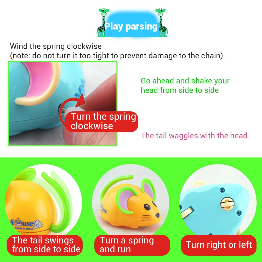 Instruction graphic showing how to turn the spring clockwise, how the tail swings and how the mouse turns right or left