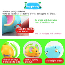 Instruction graphic showing how to turn the spring clockwise, how the tail swings and how the mouse turns right or left