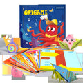 Cartoon octopus origami kit with colorful paper and instructions for kids paper craft play.
