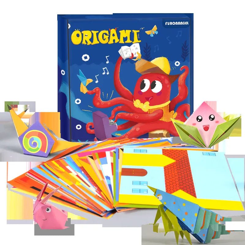 Cartoon octopus origami kit with colorful paper and instructions for kids paper craft play.