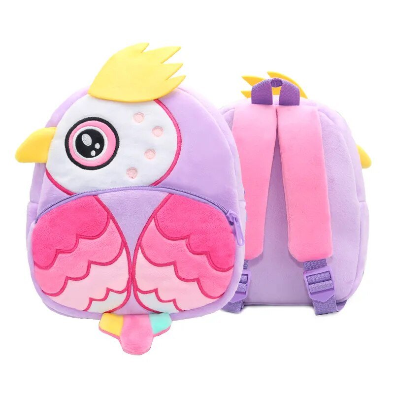 Cartoon Owl Kids Backpack schoolbag with pink wings and yellow accents for school and outings.