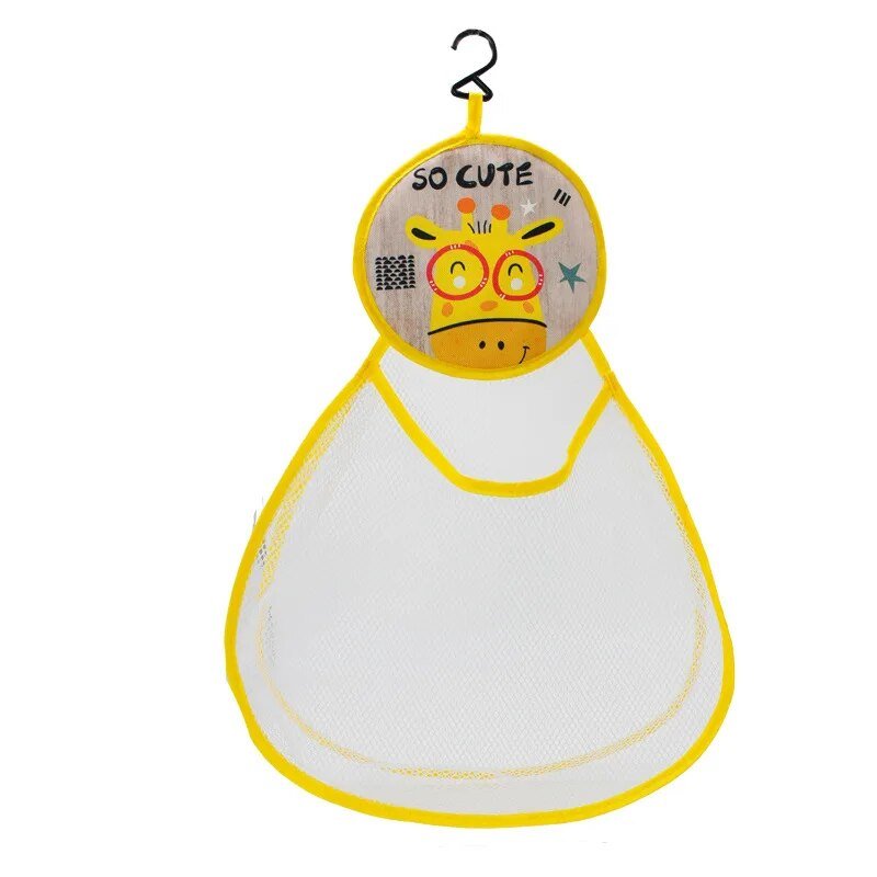 Baby bib with cartoon character print shown near storage hooks for feeding time.