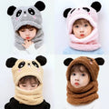 Four children wearing panda-themed beanies in gray, pink, beige, and brown.