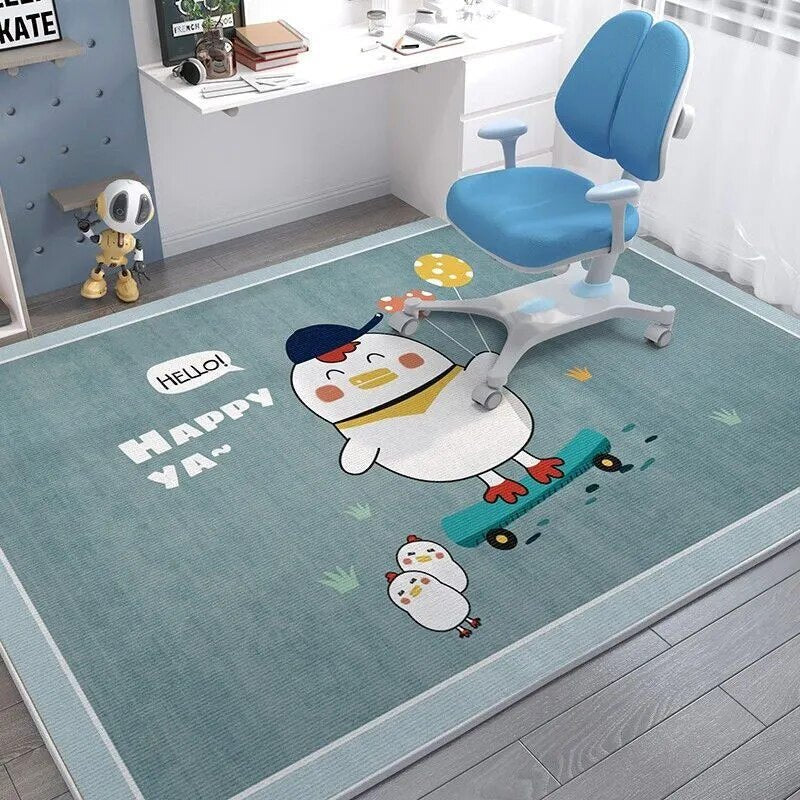 Children's room with a blue chair on a rug featuring cartoon penguins.