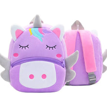 Cartoon Purple Unicorn Kids Backpack schoolbag with a rainbow design for school and gifting.