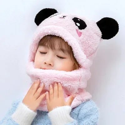 Child wearing a pink panda hat and scarf.