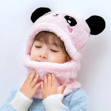 Child wearing a pink panda hat and scarf.