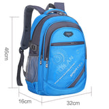 Blue and gray backpack with measurements.