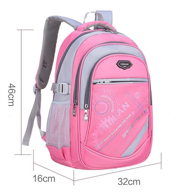 Pink backpack with gray straps and measurements