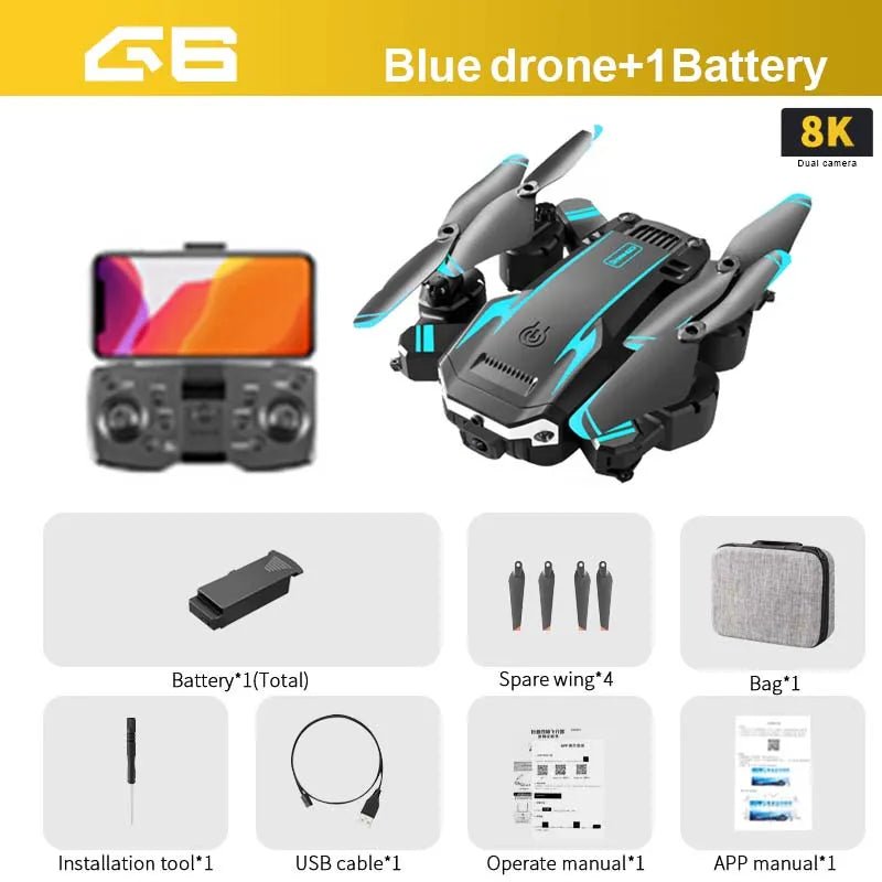 Blue drone with controller, battery, and accessories on a white background