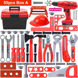 Set of toy tools and equipment including a toolbox, drill, and various tools on a white background.