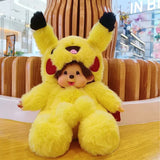 Stuffed toy in a Pikachu costume sitting on a wooden surface.