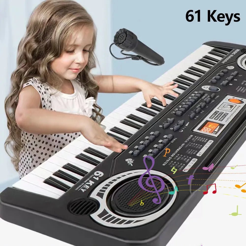 Child playing a 61-key electronic keyboard with a microphone on a light blue background