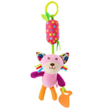 Colorful plush toy with a polka dot rattle on a white background