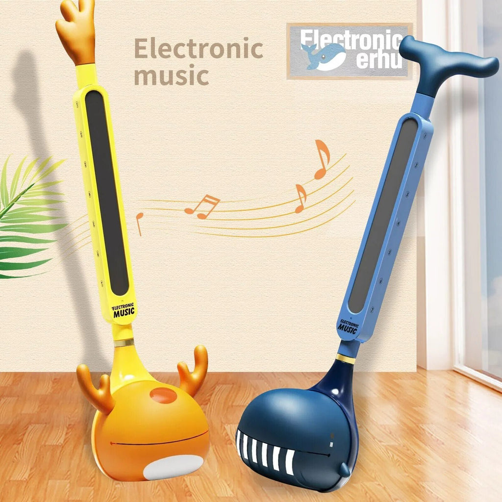 Two electronic musical instruments, one yellow and one blue, on a wooden floor with a light-colored wall in the background.
