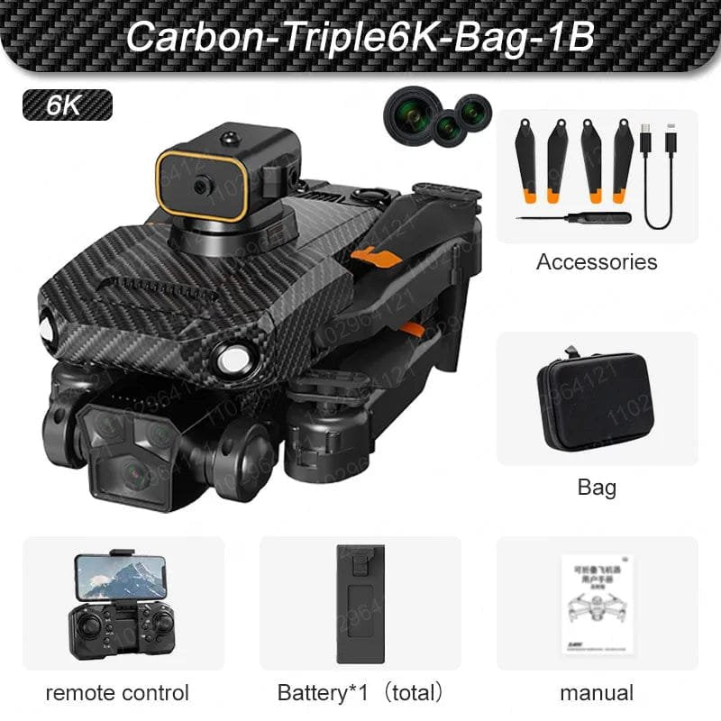 Carbon fiber drone with accessories, remote control, battery, and manual on a white background.