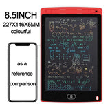 8.5-inch electronic writing pad with reference smartphone for size comparison on a white background