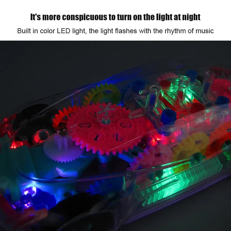 Colorful gear toy with LED lights and text about night visibility.