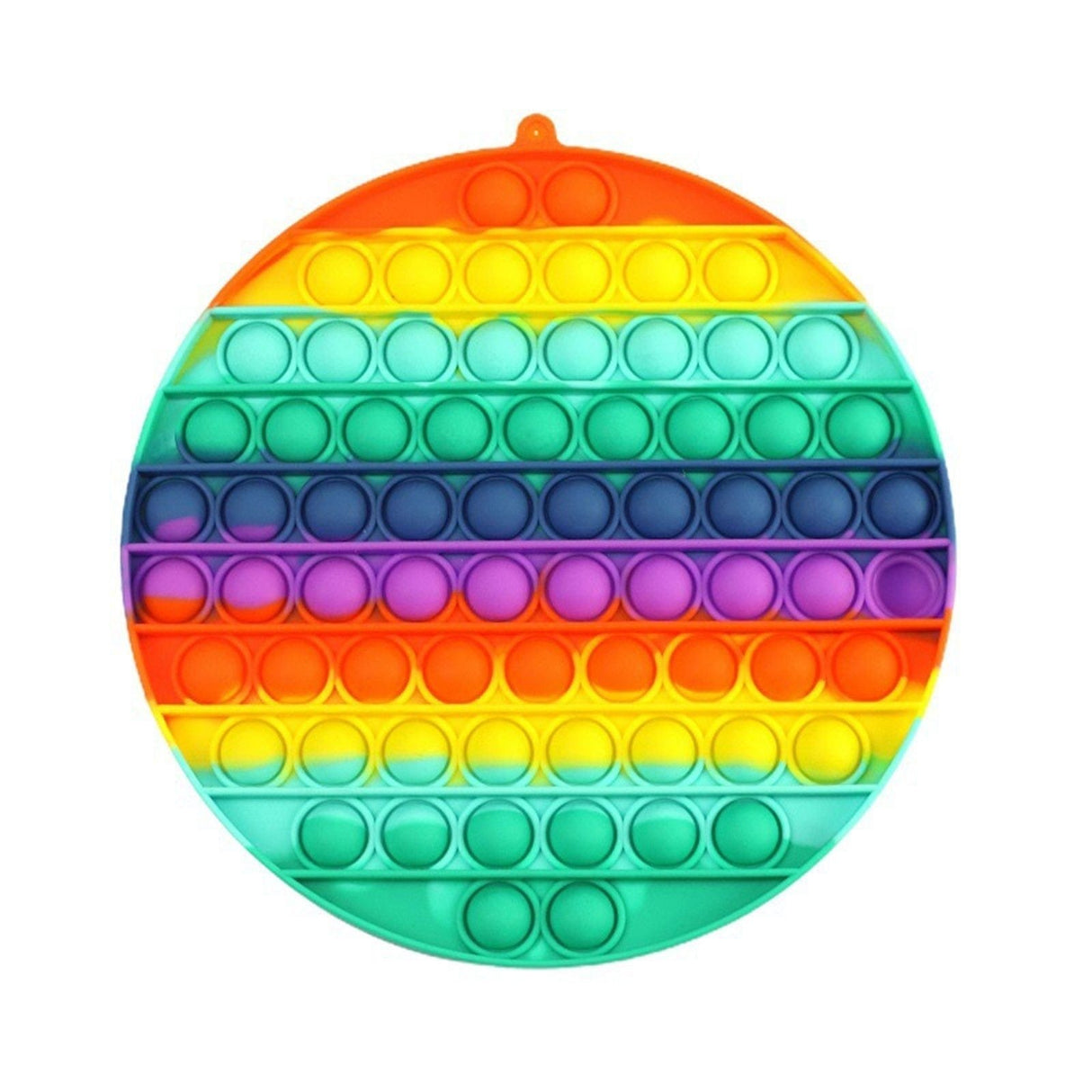 Round rainbow-colored pop-it fidget toy on a white background
