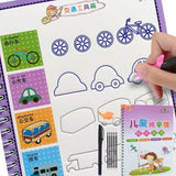 Children's coloring book with transportation-themed pages and a hand holding a marker.