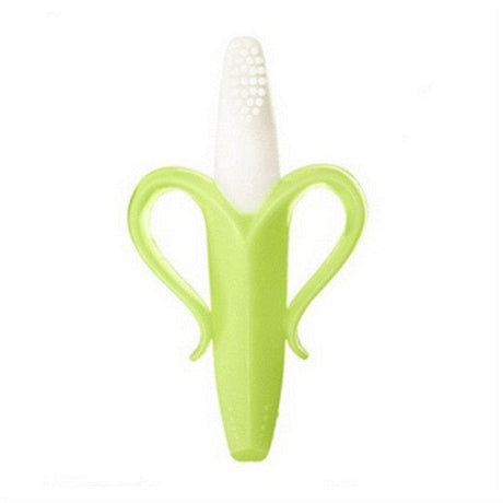 Green banana-shaped baby teether on a white background