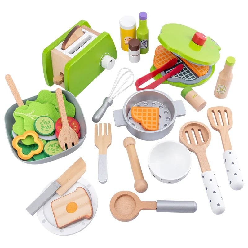 Set of toy kitchen items including a toaster, waffle maker, and various utensils on a white background