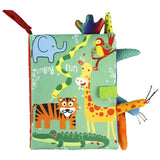 Children's soft book with colorful jungle animals illustrations on a white background