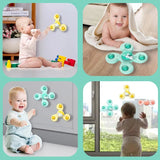 Collage of a baby playing with colorful fidget spinners indoors.