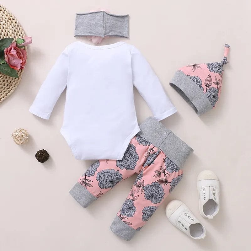 Baby outfit with white long-sleeve shirt, pink floral pants, gray hat, and white shoes on a beige background.