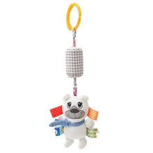 Soft Animal Handbell Rattle with checkered top and flags for baby sensory teether play.