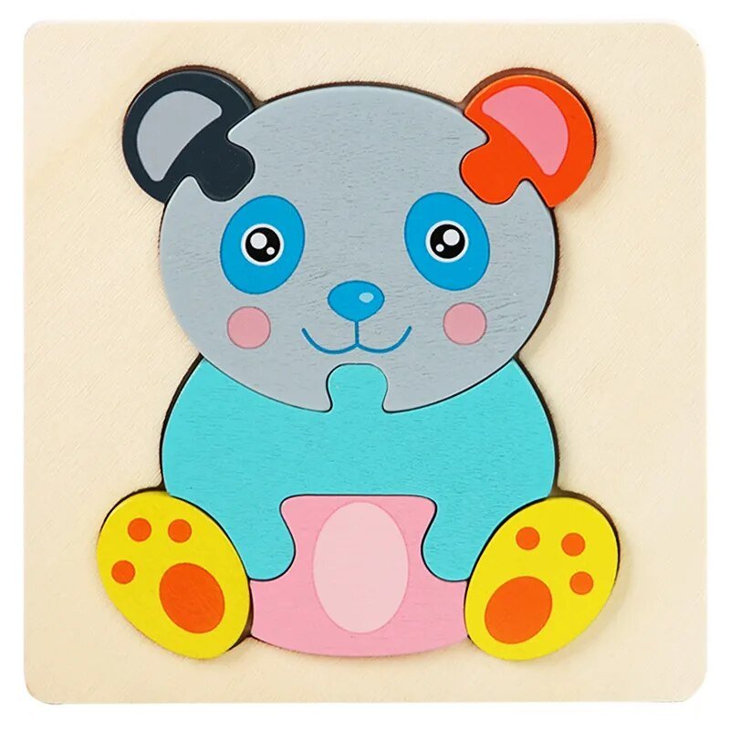 Wooden panda puzzle toy with a colorful design.