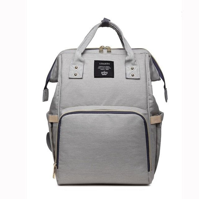 Gray backpack with a visible brand logo 