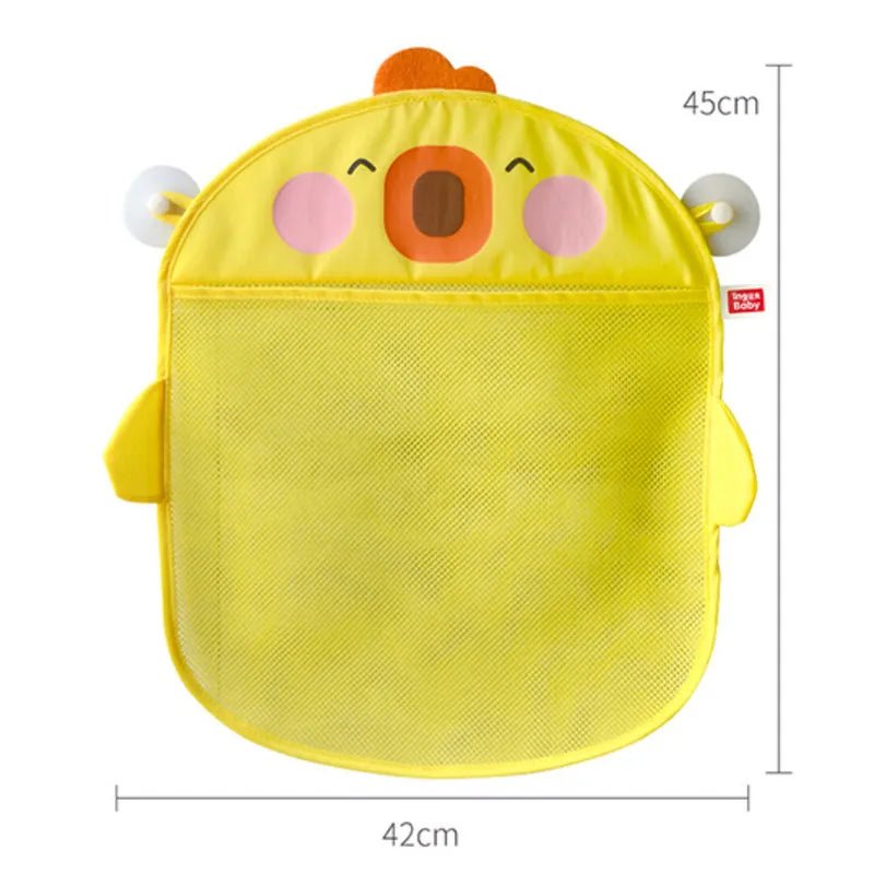 Chicken-design mesh bath toy bag with easy-attach suction cups and dimensions shown for sizing.