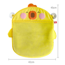 Chicken-design mesh bath toy bag with easy-attach suction cups and dimensions shown for sizing.