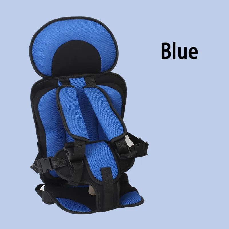 Blue and black child safety seat on a light blue background