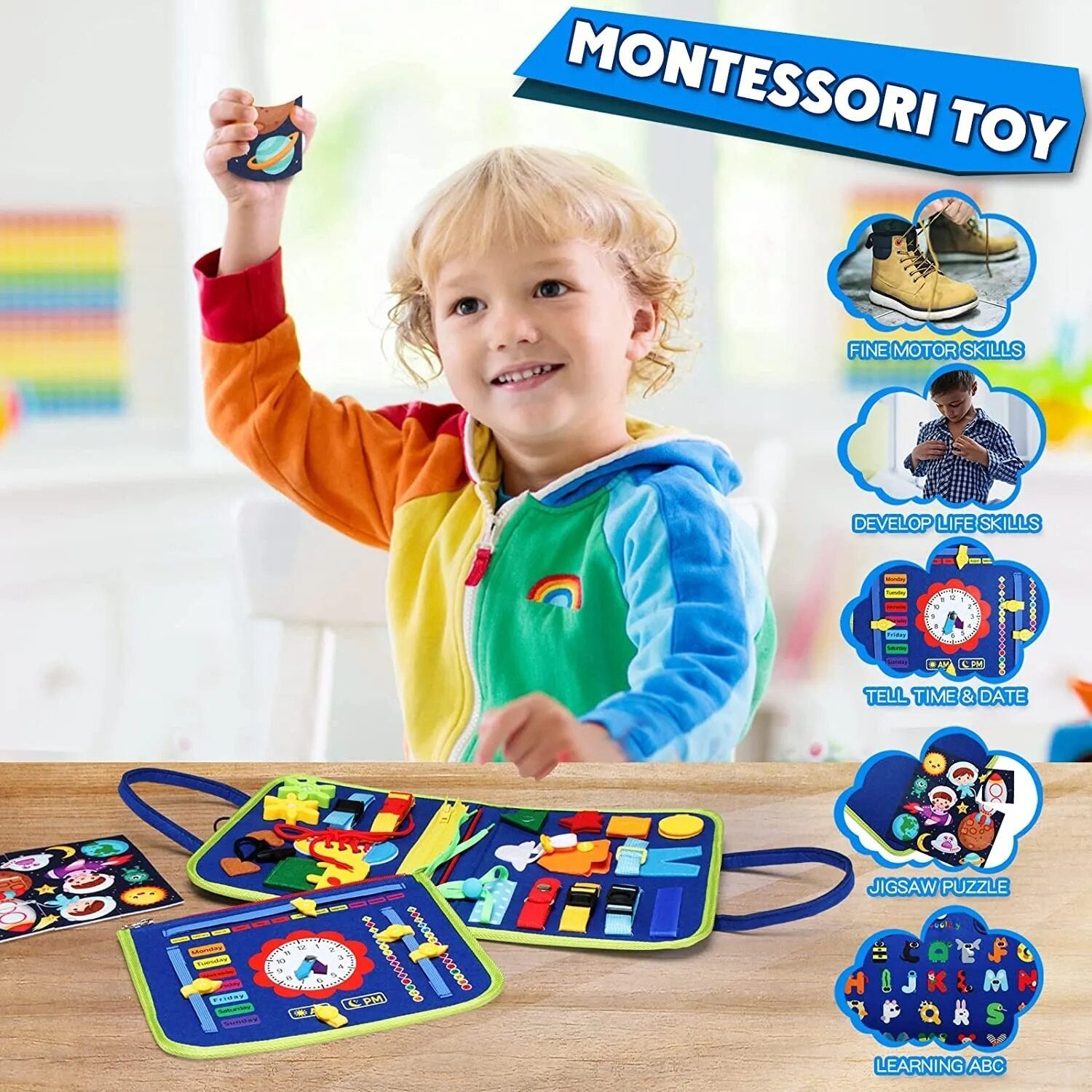 Child playing with the Montessori Busy Board sensory toy at a table, building focus during daily learning time.