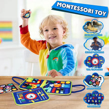 Child playing with the Montessori Busy Board sensory toy at a table, building focus during daily learning time.