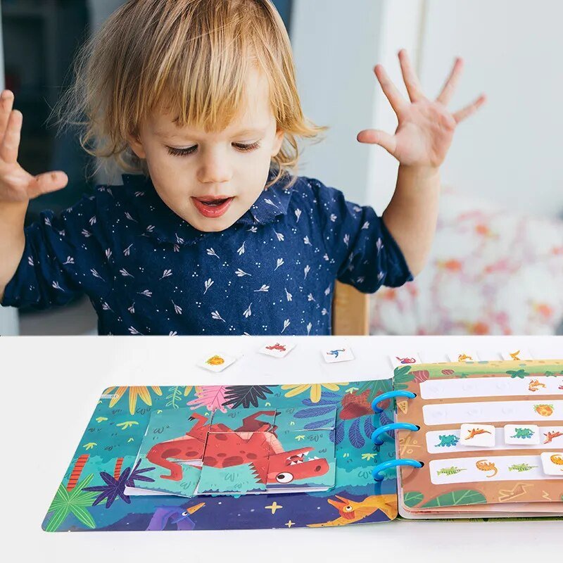 Child playing with the Montessori Quiet Book animal numbers puzzle game at a table.