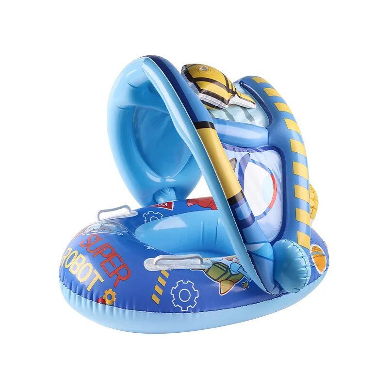 Inflatable child's pool float with robot design on a white background