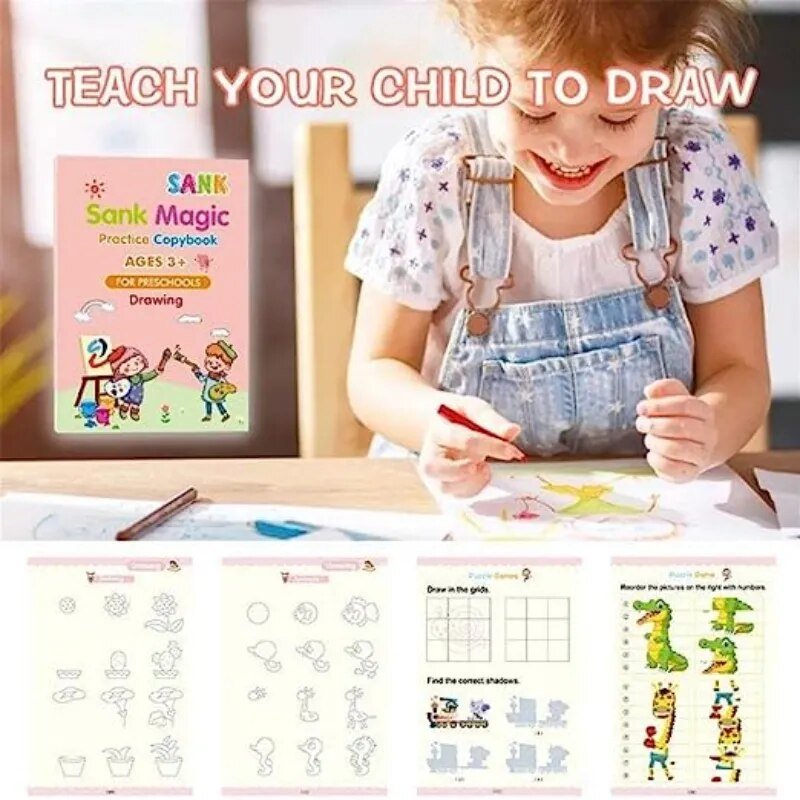 Child using a Reusable Handwriting Workbook copybook for drawing practice and creative learning.