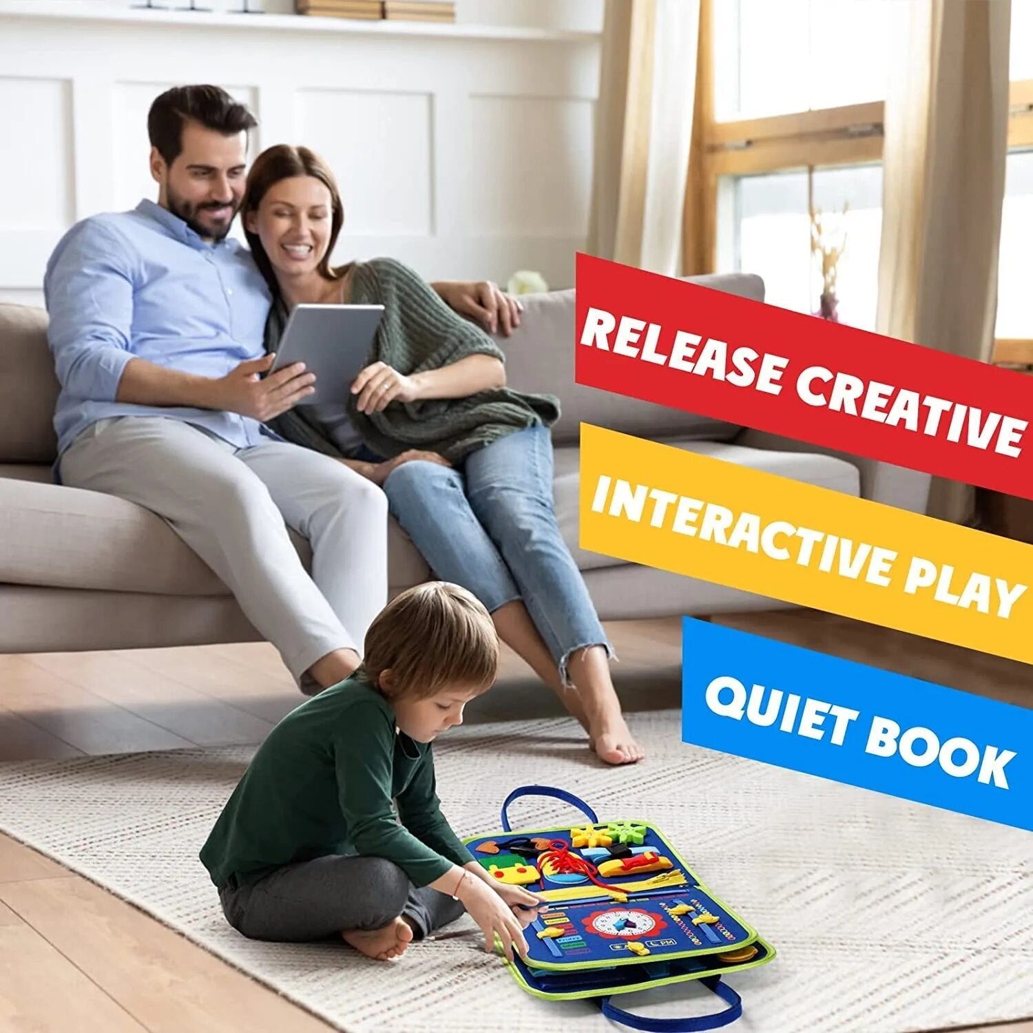 Family in a living room with a child playing with a colorful quiet book.