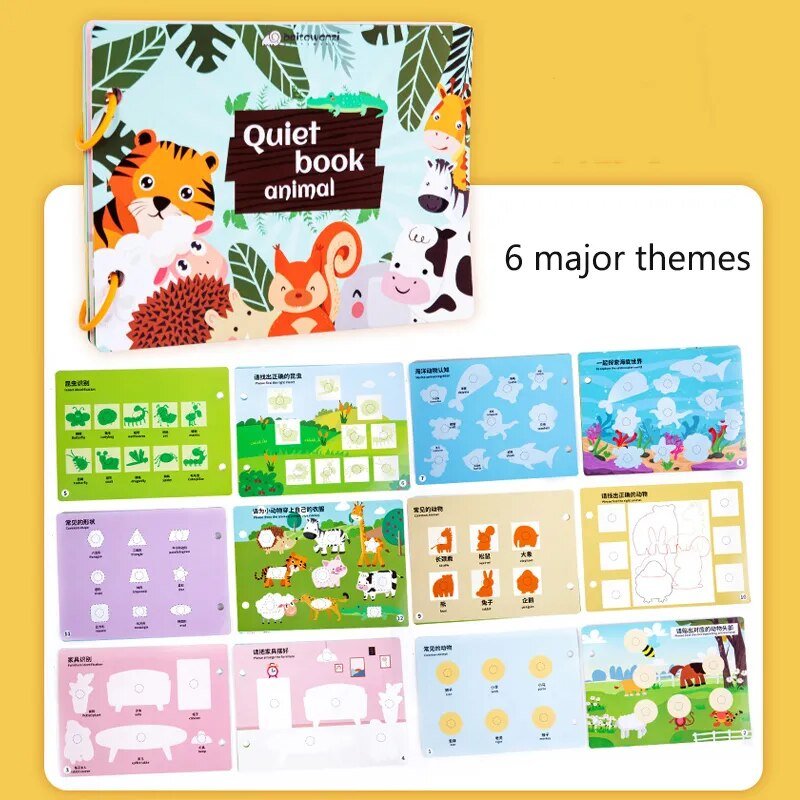 Children's quiet book with animal-themed pages on a yellow background (option 2)