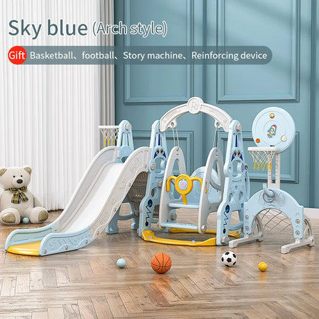Children's playset with slide and arch structure in a room with a teddy bear and sports balls.