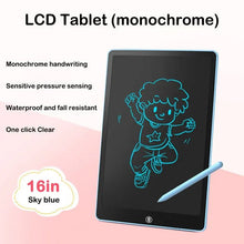 16-inch sky blue LCD tablet with a child drawing on it.