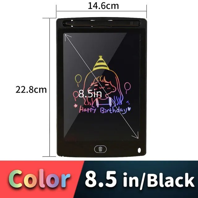 8.5-inch black digital drawing tablet with measurements and a sample drawing on screen.